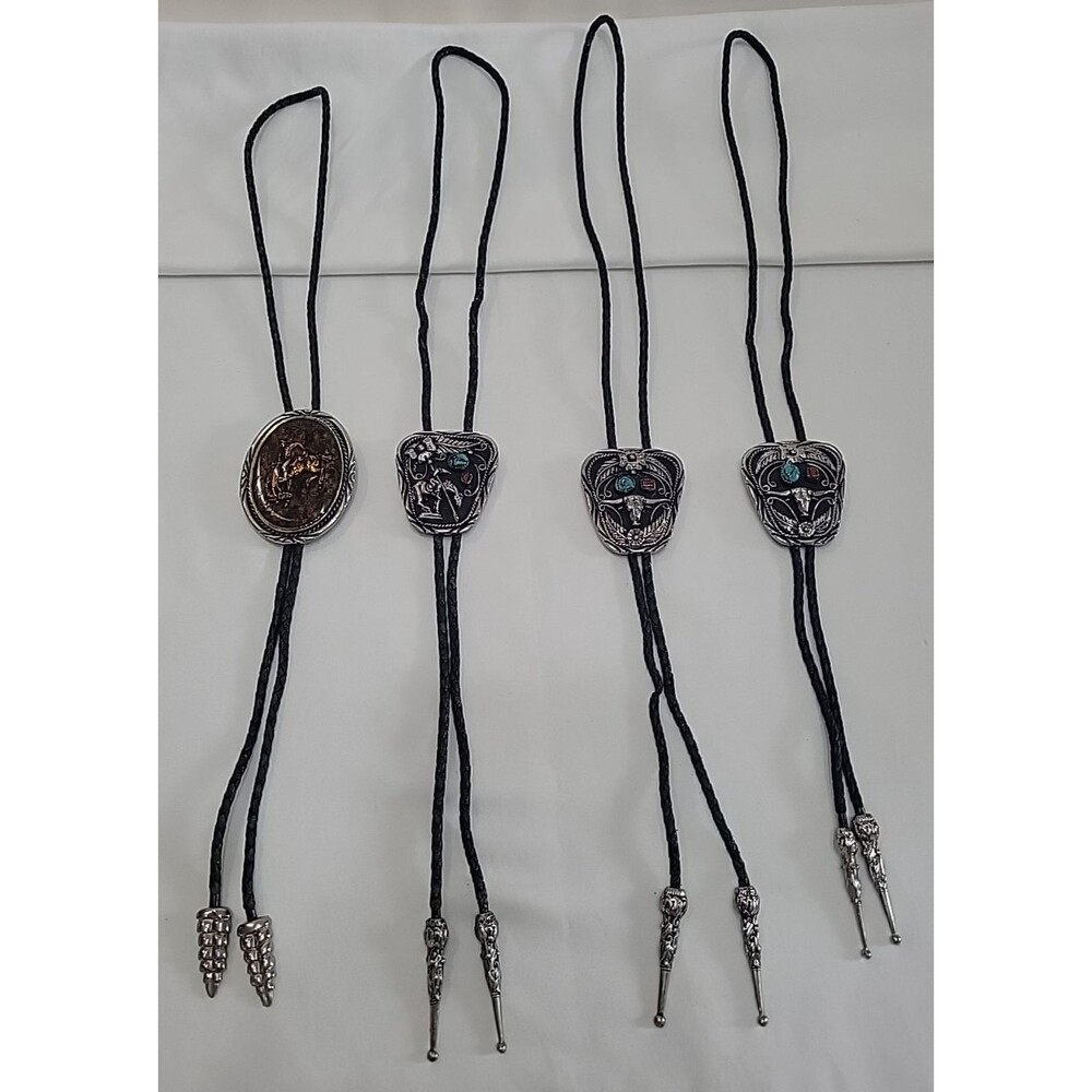 Lot of 4 Vintage SSI Western Bolo Ties USA Genuine Turquoise Coral Steer Bronco